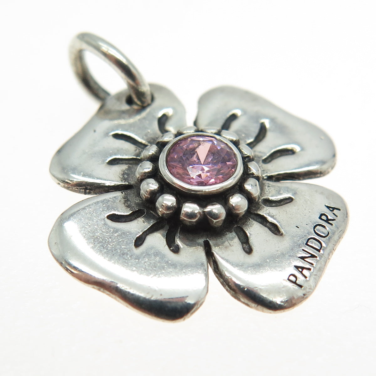 PANDORA 925 Sterling Silver Purple C Z Flower Blossom Charm Pendant