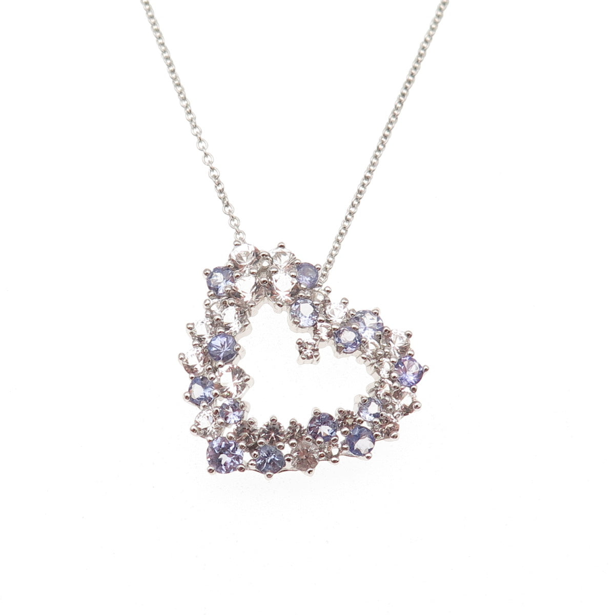 925 Sterling Silver Real Tanzanite & White Topaz Heart Cable Chain Necklace 18"