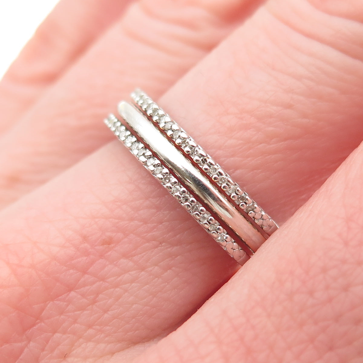 SUN 925 Sterling Silver Real Round-Cut Diamond 3-Row Ring Size 7