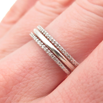 SUN 925 Sterling Silver Real Round-Cut Diamond 3-Row Ring Size 7