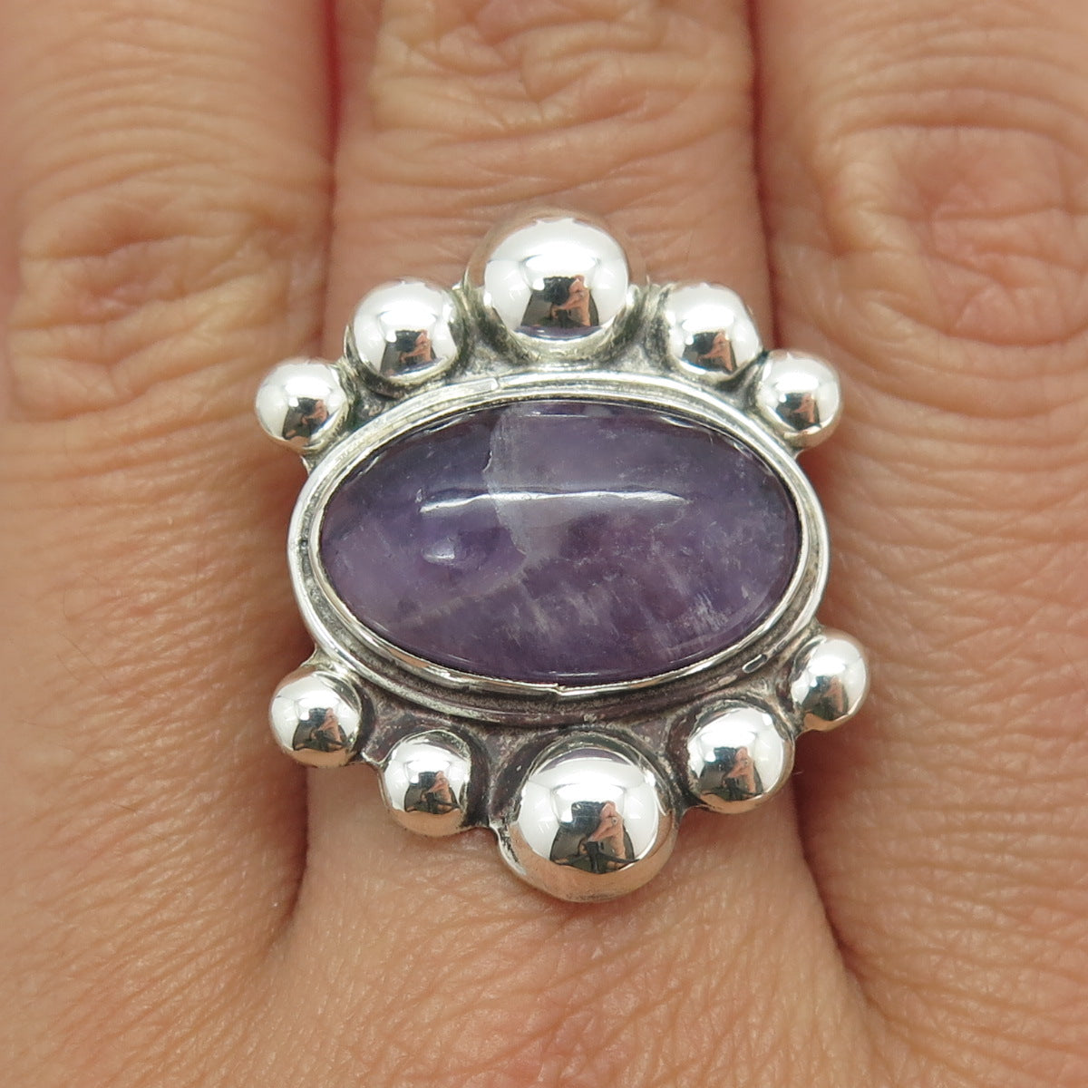 925 Sterling Silver Vintage Real Amethyst Beaded Modernist Ring Size 7.25