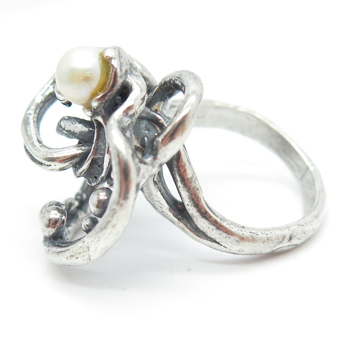 925 Sterling Silver Vintage Real Pearl Modernist Ring Size 6.75