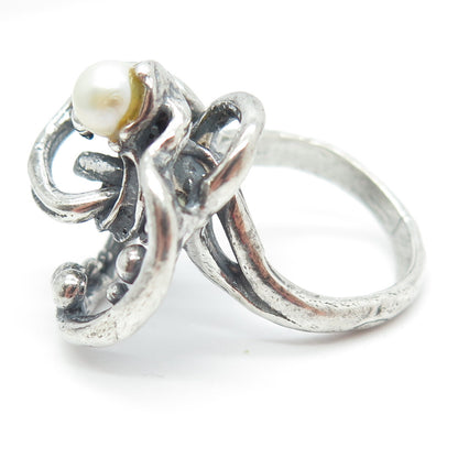 925 Sterling Silver Vintage Real Pearl Modernist Ring Size 6.75