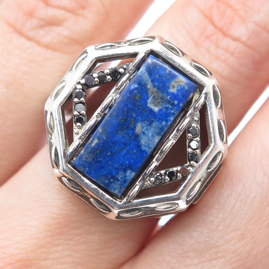 925 Sterling Silver Vintage Real Black Diamond & Lapis Lazuli Ring Size 9.25