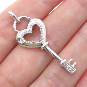 HN HENG NGAI 925 Sterling Silver Real Round-Cut Diamond Heart Key Charm Pendant