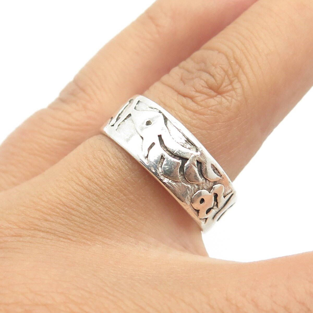 925 Sterling Silver Vintage Ethnic Symbols Band Ring Size 9.75