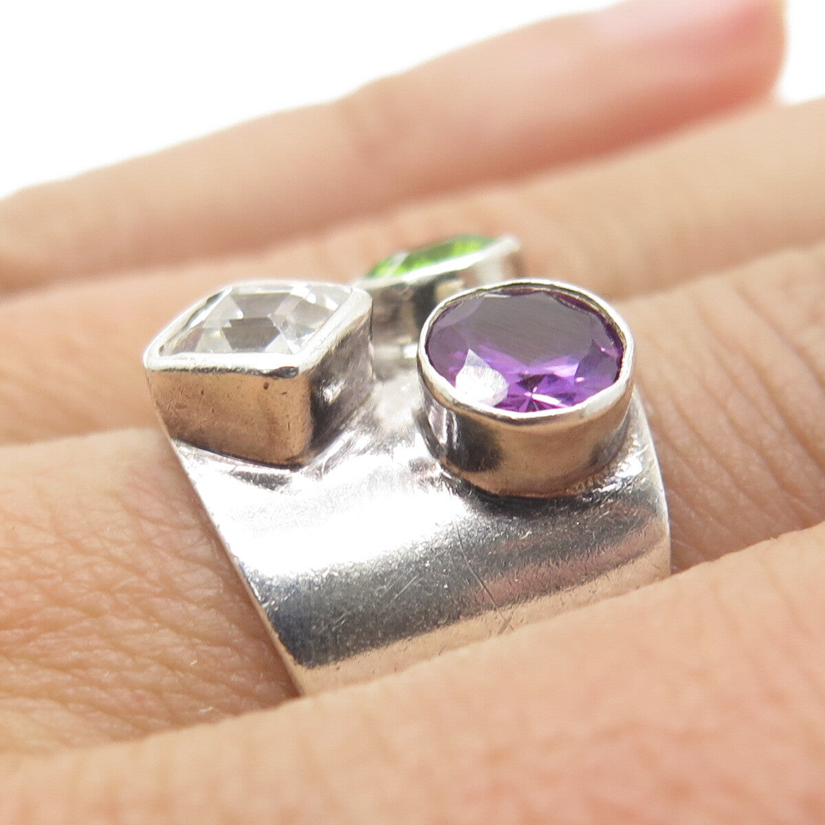 925 Sterling Silver Vintage Peacock Sapphire Peridot Gem C Z Ring Size 7