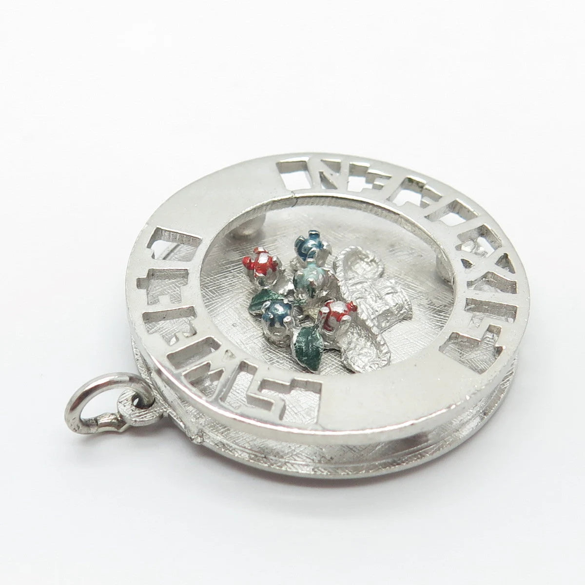925 Sterling Silver Vintage Enamel "Sweet Sixteen" Floral Basket Round Pendant