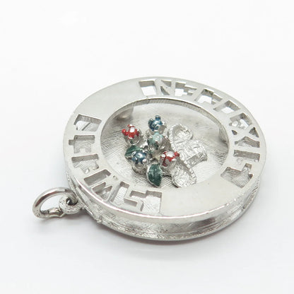 925 Sterling Silver Vintage Enamel "Sweet Sixteen" Floral Basket Round Pendant