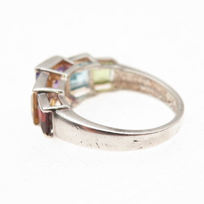 925 Sterling Vintage Real Amethyst Blue Topaz Peridot Citrine Garnet Ring Size 6