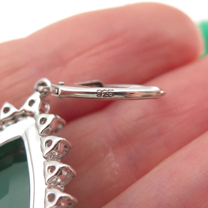 925 Sterling Silver Real Green Chalcedony & White Topaz Teardrop Dangle Earrings