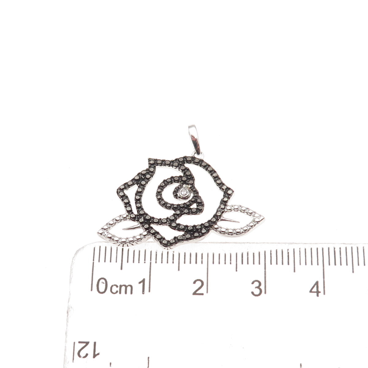 925 Sterling Silver Black Rhodium Real Diamond Accent Rose Floral Charm Pendant