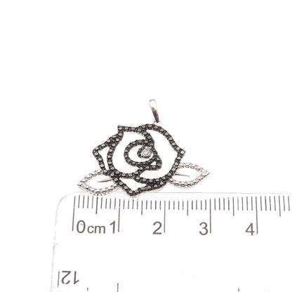 925 Sterling Silver Black Rhodium Real Diamond Accent Rose Floral Charm Pendant