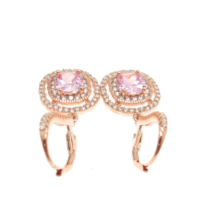 925 Sterling Silver Rose Gold Plated Round & Cushion-Cut White Pink C Z Earrings