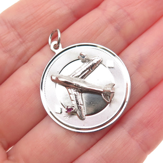 925 Sterling Silver Vintage Multi-Color Rhinestone Airplane Charm Pendant