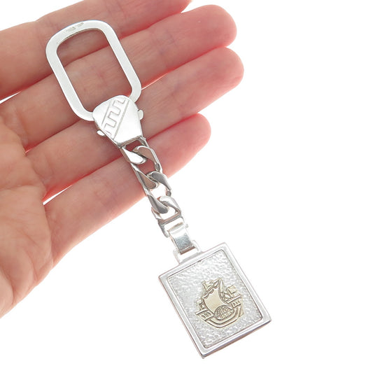 18K Yellow Gold 925 Sterling Silver Vintage Italy Sail Ship Key Fob Chain Holder