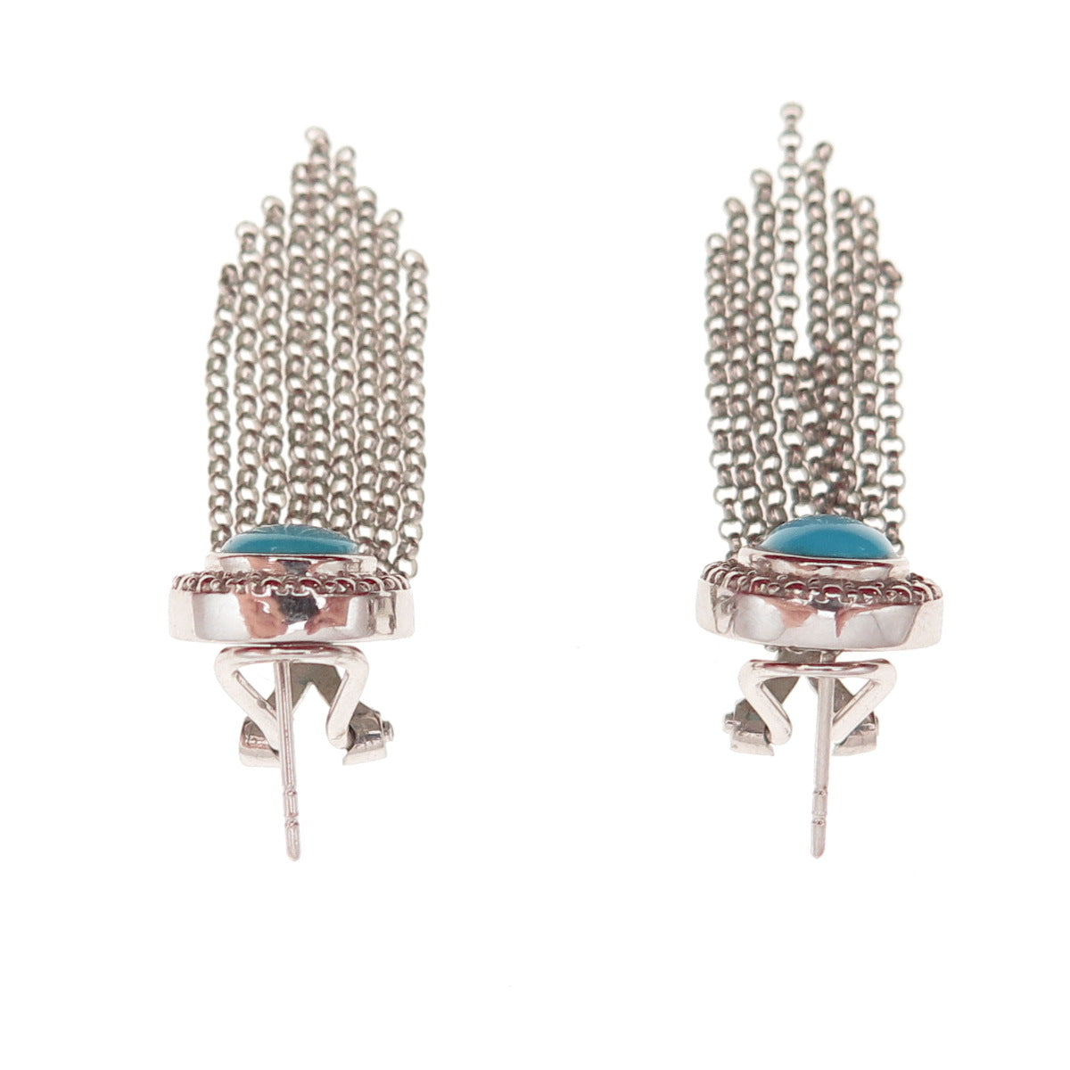 Chapal Zenray 925 Sterling Silver Real Turquoise Tassel Omega Back Earrings
