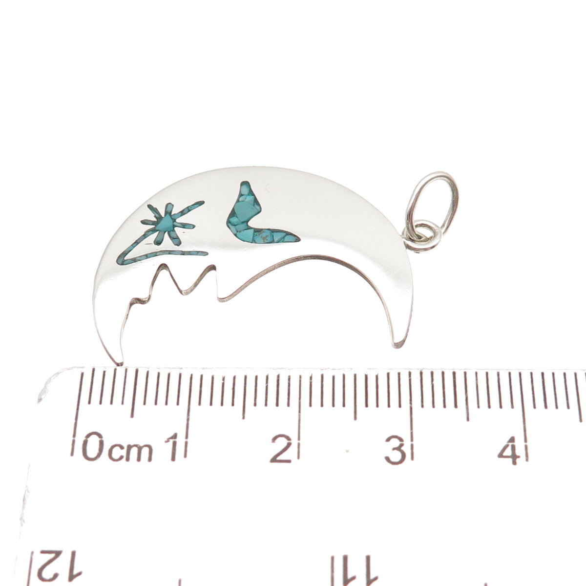 925 Sterling Silver Vintage Real Turquoise Inlay Crescent Moon Charm Pendant