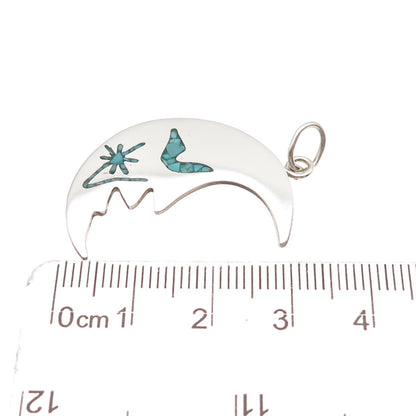 925 Sterling Silver Vintage Real Turquoise Inlay Crescent Moon Charm Pendant