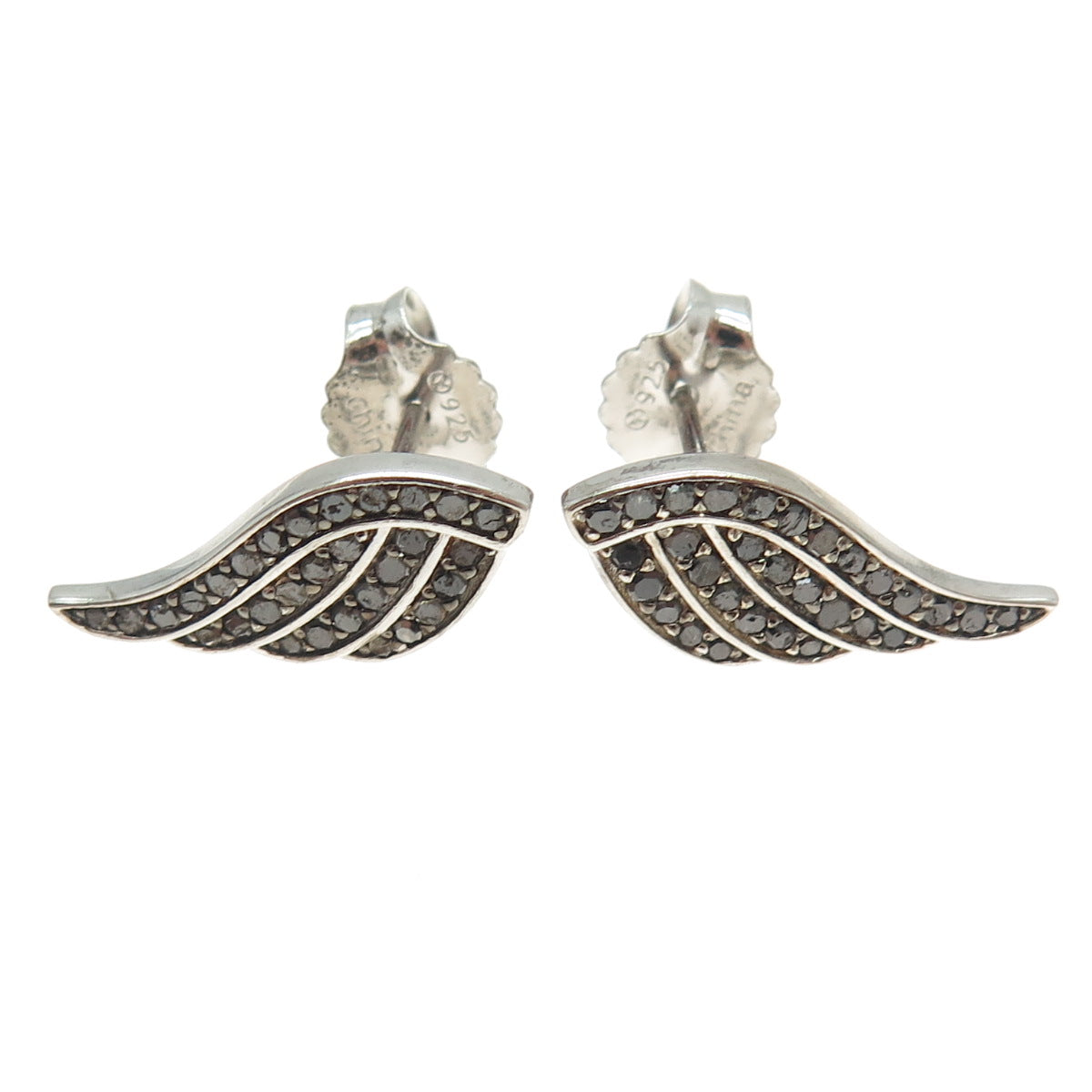 925 Sterling Silver Real Round-Cut Black Diamond Angel Wing Earrings