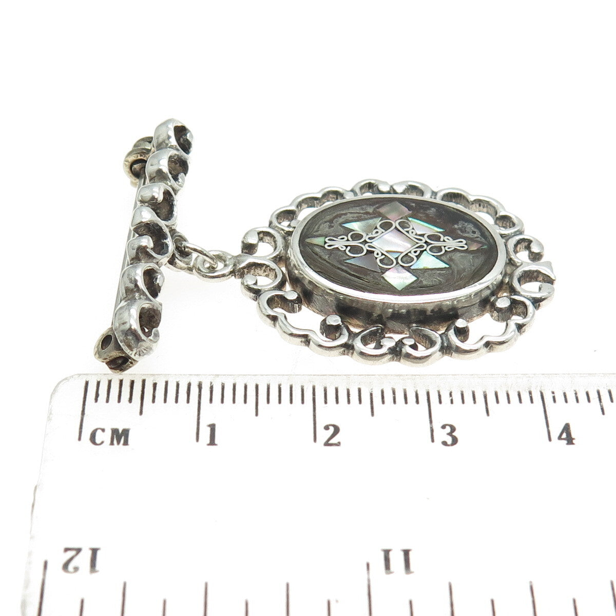 PGG 925 Sterling Silver Vintage Mexico Real Abalone Shell Ornate Pin Brooch