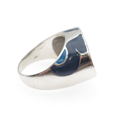 925 Sterling Silver Enamel Real Blue Topaz Modernist Ring Size 7