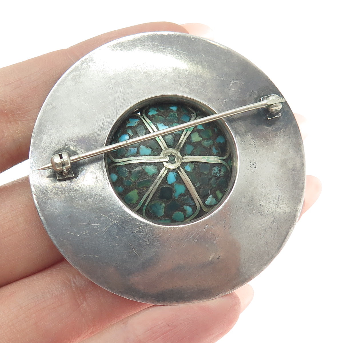 Old Pawn Sterling Silver Vintage Southwestern Turquoise Inlay Tribal Pin Brooch