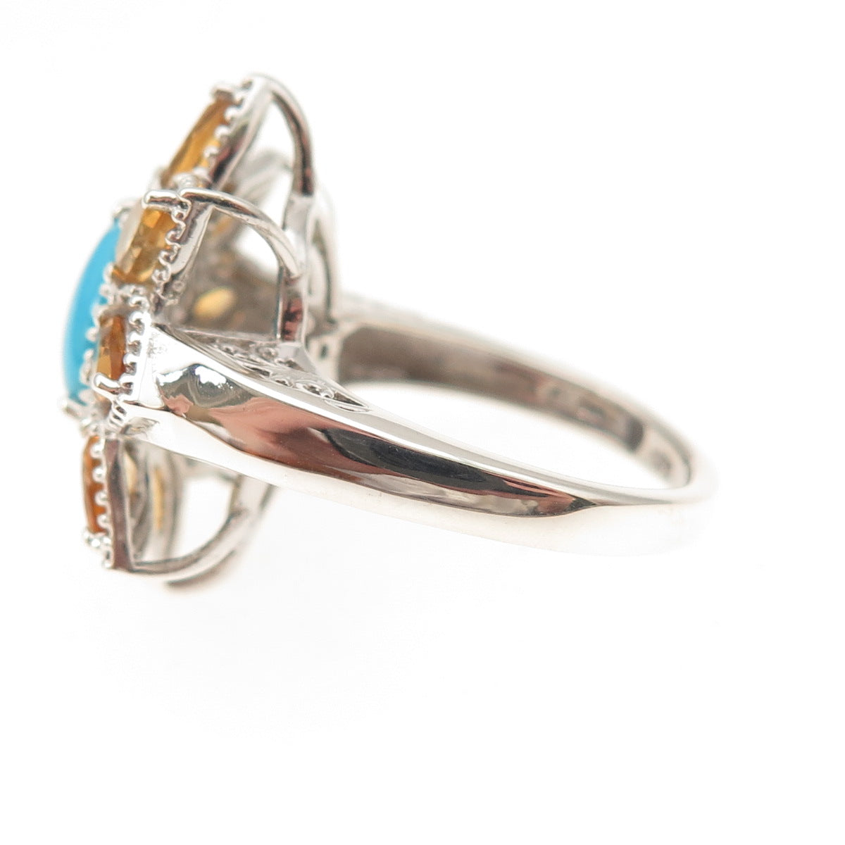 Chuck Clemency 925 Sterling Silver Real Turquoise Citrine Floral Ring Size 8.25
