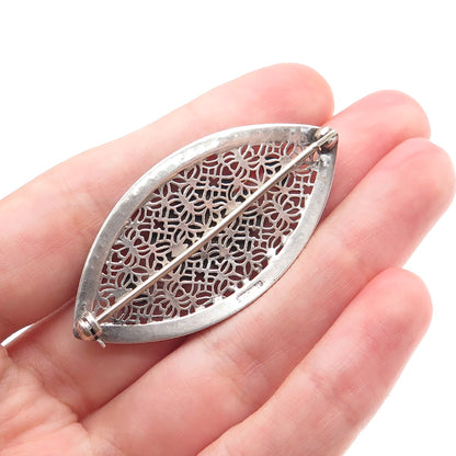 925 Sterling Silver Antique Art Deco Real Marcasite Filigree Oxidized Pin Brooch