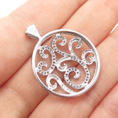 HN HENG NGAI 925 Sterling Silver Real Round-Cut Diamond Scroll Charm Pendant