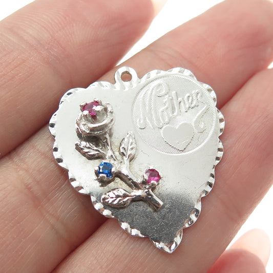 925 Sterling Silver Vintage Ruby Gem & Nano Sapphire "Mother" Rose Heart Pendant