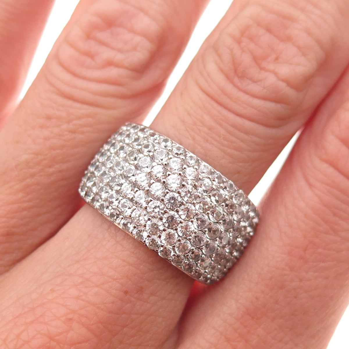 925 Sterling Silver Vintage Real Round-Cut White Topaz Ring Size 7.25