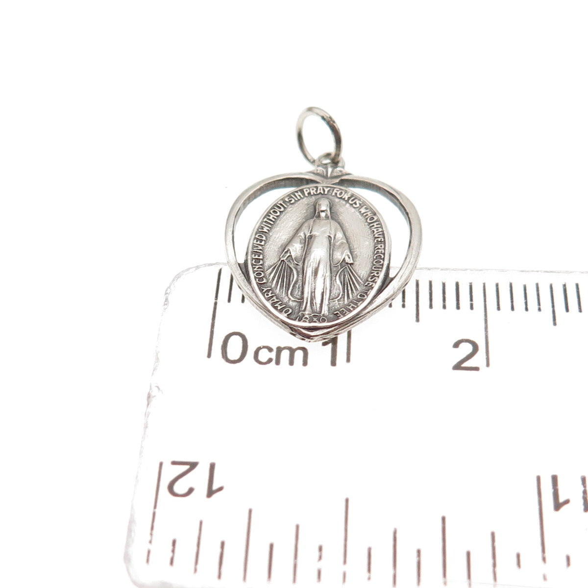 925 Sterling Silver Antique Art Deco St. Mary Heart Oxidized Mini Charm Pendant