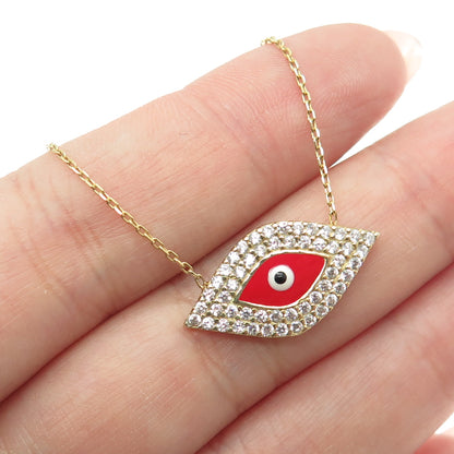 925 Sterling Silver Gold Plated Enamel & C Z Evil's Eye Chain Necklace 14-16"