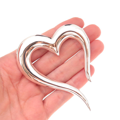 925 Sterling Silver Vintage Mexico Modernist Heart Large Pin Brooch