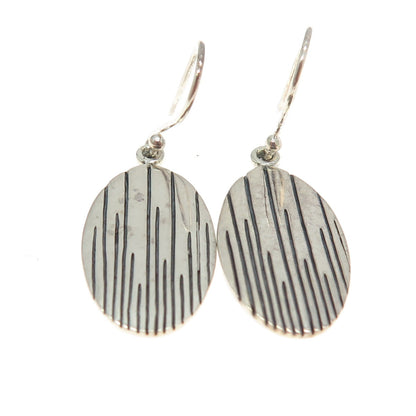 925 Sterling Silver Modernist Lined Oval Dangling Earrings