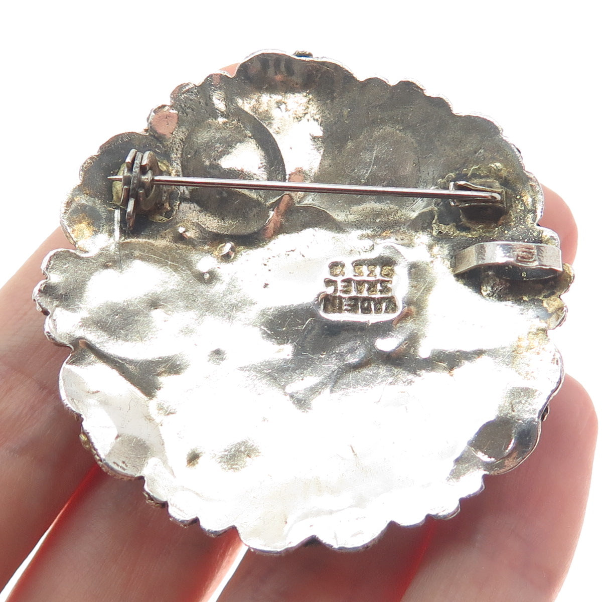 935 Silver 2-Tone Vintage Israel Real Tiger Eye Black Agate & Opal Pin Brooch