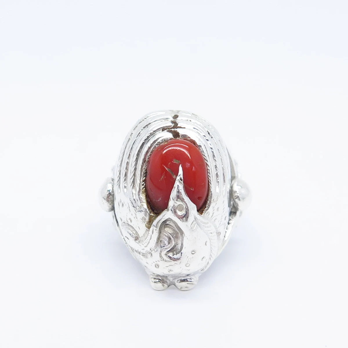 925 Sterling Silver Antique Real Coral Bird Ring Size 6.75