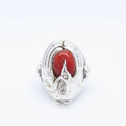 925 Sterling Silver Antique Real Coral Bird Ring Size 6.75