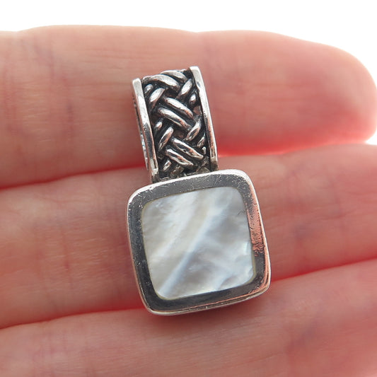 925 Sterling Silver Vintage Real MOP Oxidized Minimalist Charm Pendant