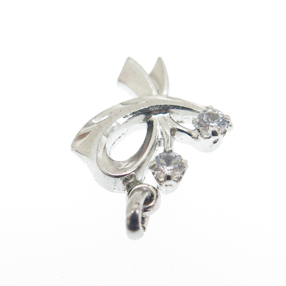925 Sterling Silver Antique Art Deco Real White Topaz Bow Minimalist Pendant