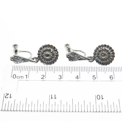 925 Sterling Silver Antique Art Deco Real Marcasite Dangling Screw Back Earrings