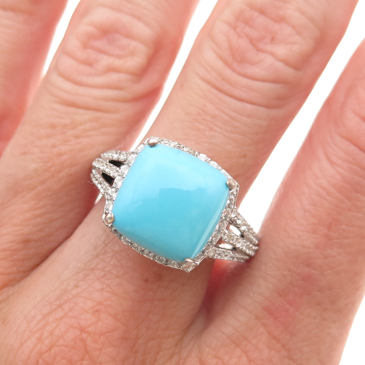 Chuck Clemency 925 Sterling Silver Real Turquoise & White Topaz Ring Size 8.25