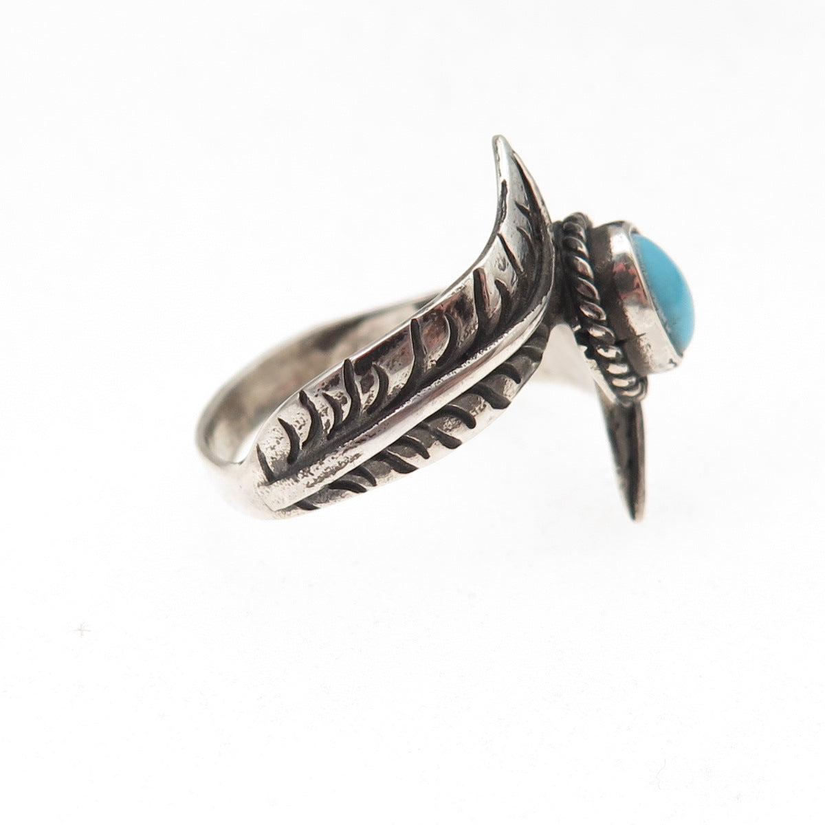 925 Sterling Silver Vintage Real Turquoise Feather Oxidized Ring Size 8.25