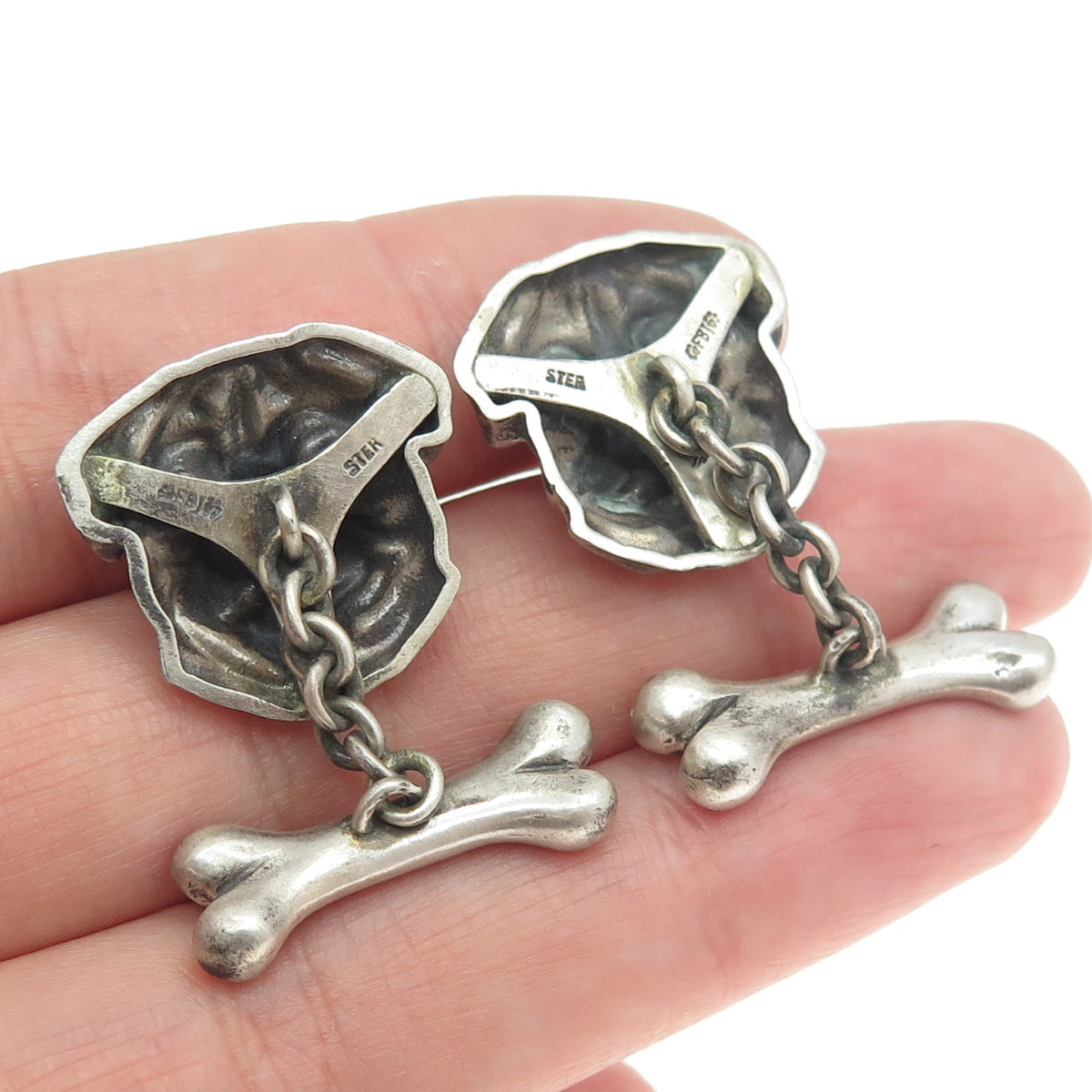 925 Sterling Silver Vintage Real Round-Cut Champagne Diamond Pug Dog Cufflinks