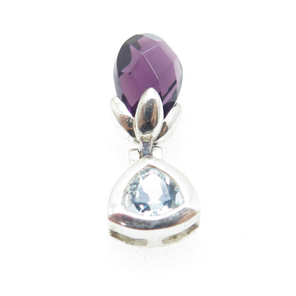 925 Sterling Silver Real Light Blue Topaz & Amethyst Gemstone Slide Pendant