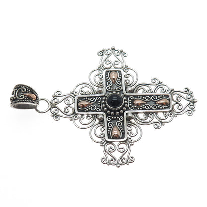SUARTI BALI 925 Sterling Silver 18K Gold Vintage Real Black Onyx Cross Pendant
