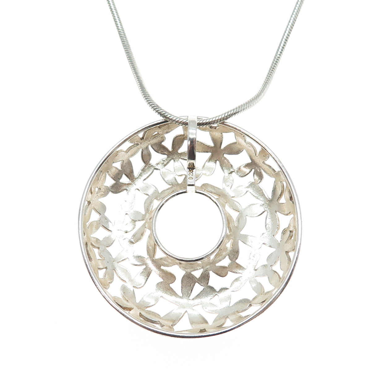 925 Sterling Silver Vintage Italy Floral Circle Pendant Snake Chain Necklace 18"