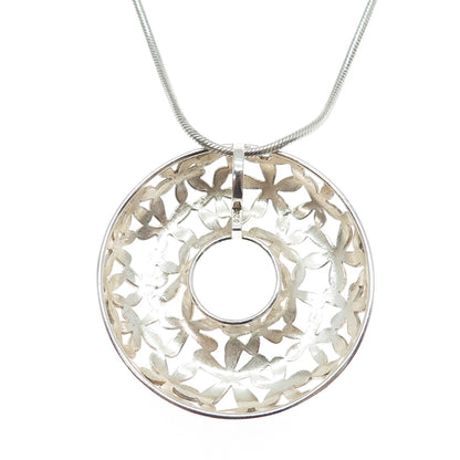 925 Sterling Silver Vintage Italy Floral Circle Pendant Snake Chain Necklace 18"