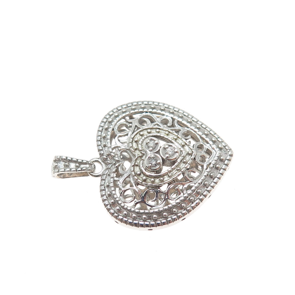925 Sterling Silver Real Round-Cut Diamond Ornate Heart Charm Pendant